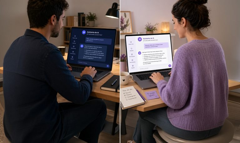Hombre y mujer usando asistentes de inteligencia artificial con respuestas diferentes en sus portátiles