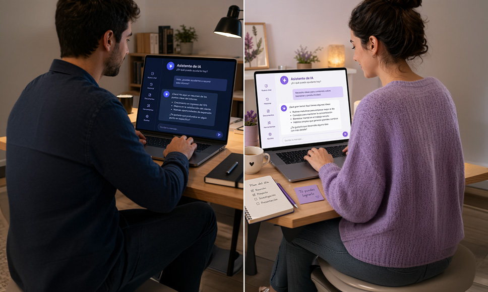 Hombre y mujer usando asistentes de inteligencia artificial con respuestas diferentes en sus portátiles