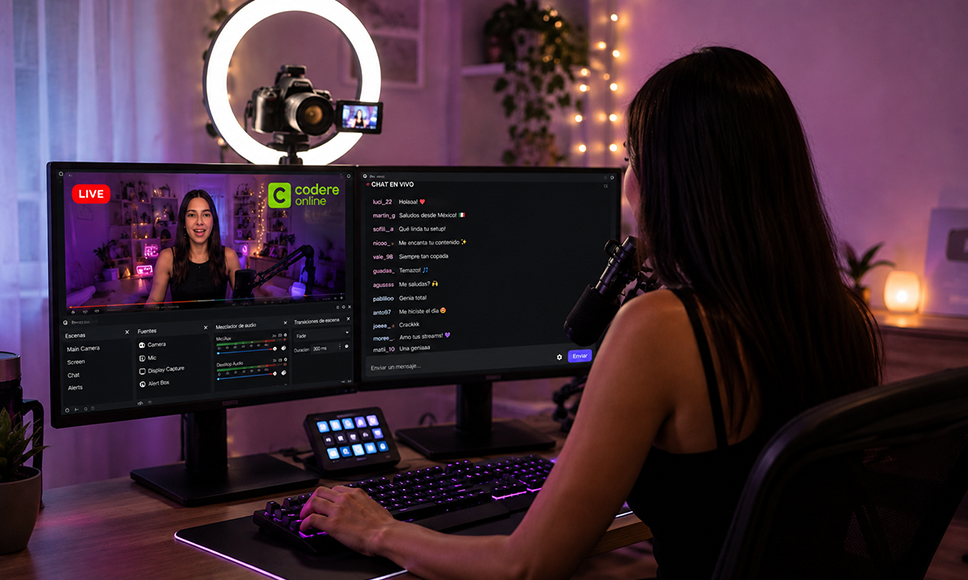 Streamer en directo con el logo de Codere Online y un chat sobre el Mundial.