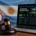 Martillo judicial junto a una web de apuestas deportivas y una señal de prohibido menores en Argentina.