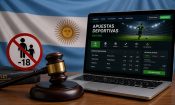 Martillo judicial junto a una web de apuestas deportivas y una señal de prohibido menores en Argentina.