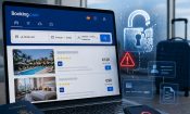 Un portátil con la web de Booking y un candado digital roto junto a una maleta