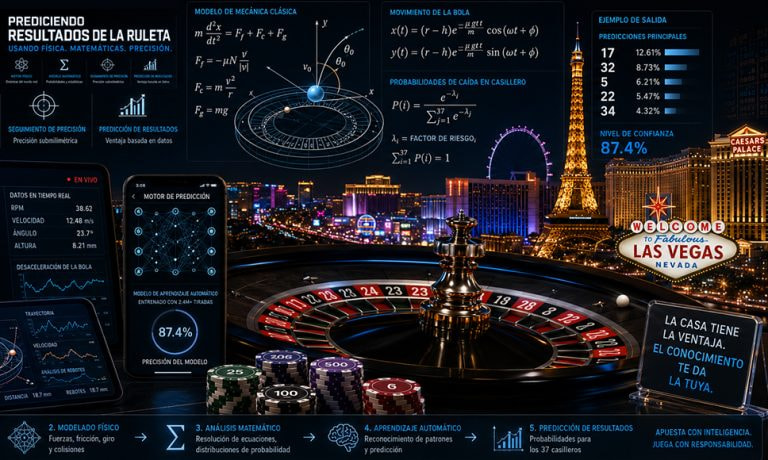 Ruleta de casino con fórmulas matemáticas y Las Vegas al fondo.