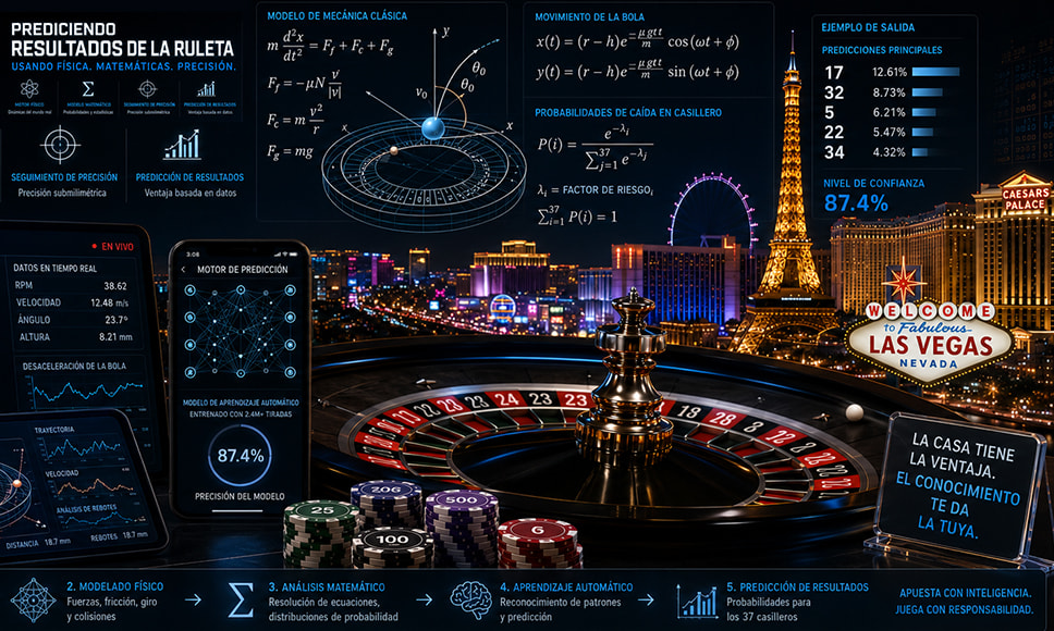 Ruleta de casino con fórmulas matemáticas y Las Vegas al fondo.