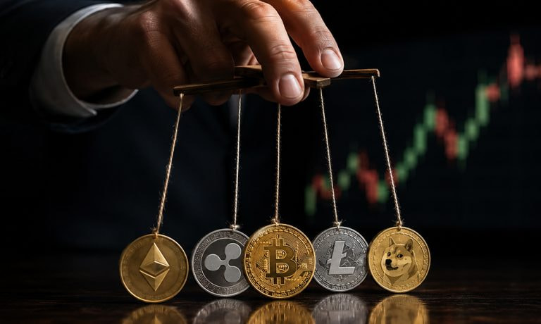 Manipulación de criptomonedas representadas como marionetas frente a gráfico financiero digital.