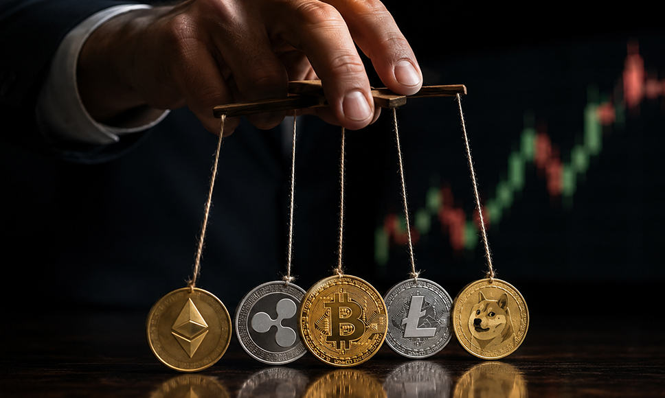 Manipulación de criptomonedas representadas como marionetas frente a un gráfico financiero digital.