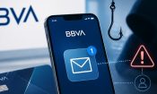 Un móvil con la app de BBVA y un anzuelo de phishing junto a iconos de alerta