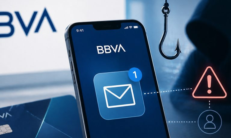 Un móvil con la app de BBVA y un anzuelo de phishing junto a iconos de alerta