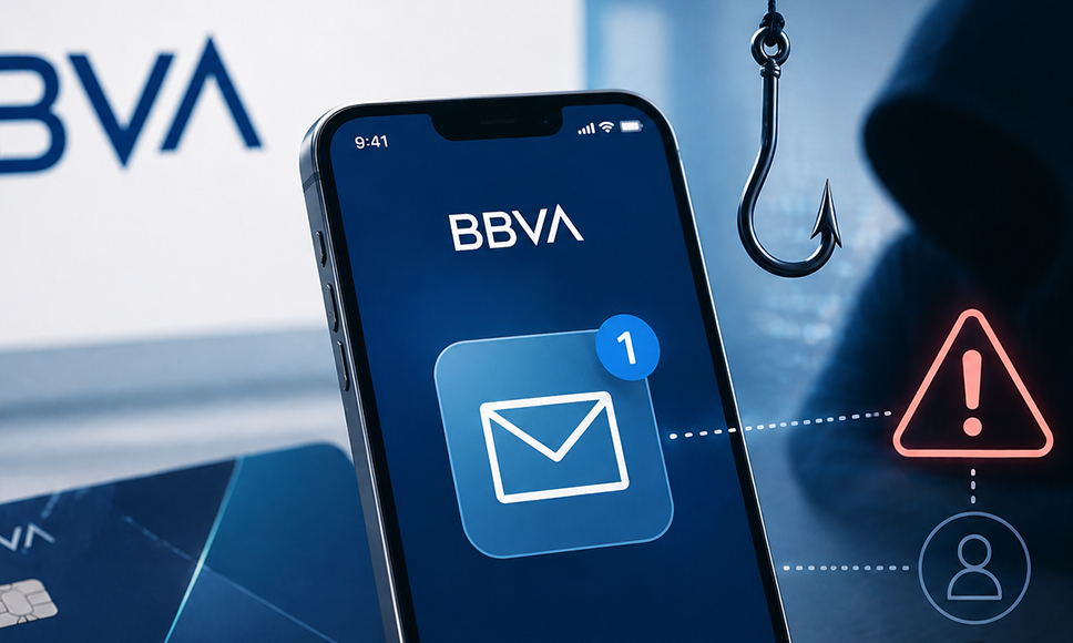 Un móvil con la app de BBVA y un anzuelo de phishing junto a iconos de alerta