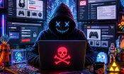 Hacker con máscara frente a un portátil con símbolo de peligro y varias pantallas digitales