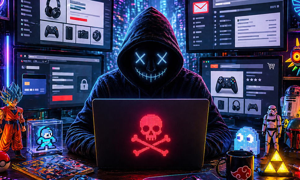 Hacker con máscara frente a un portátil con símbolo de peligro y varias pantallas digitales