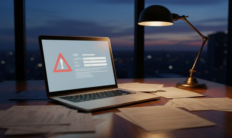 Un portátil con una alerta de seguridad en la pantalla sobre una mesa con documentos