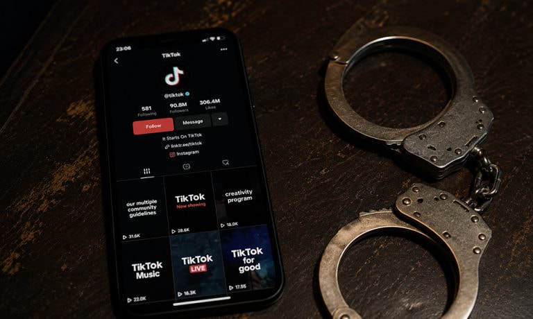 Perfil de TikTok mostrado en un móvil junto a unas esposas sobre una mesa.