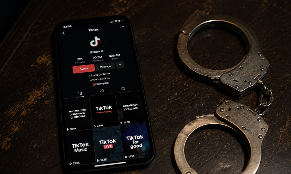 Perfil de TikTok mostrado en un móvil junto a unas esposas sobre una mesa.
