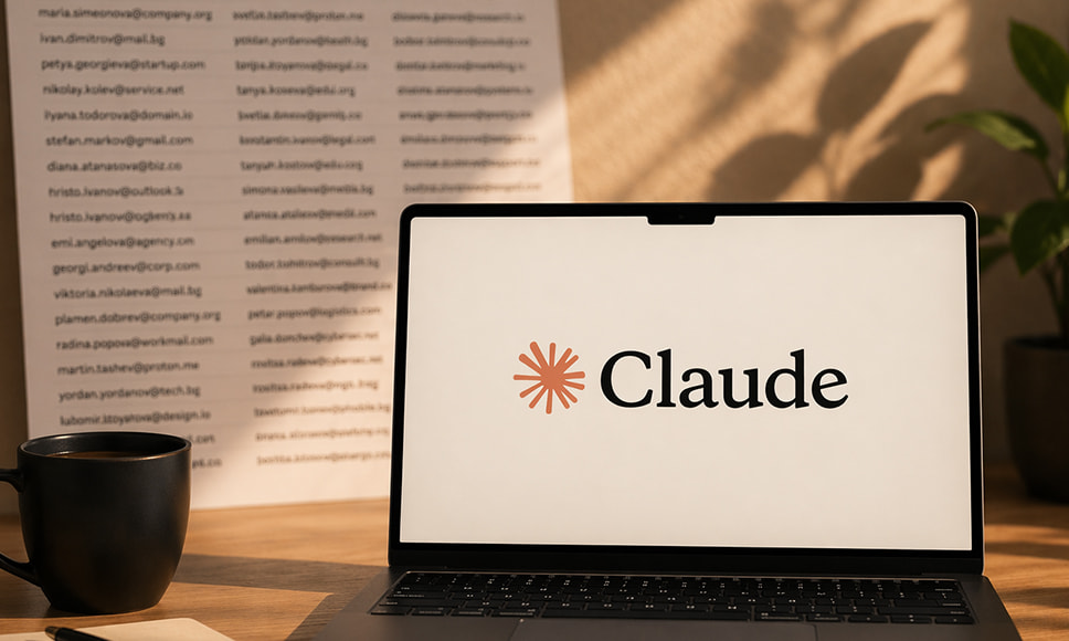 Un ordenador portátil con el logo de Claude frente a una lista de correos electrónicos