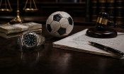 Balón de fútbol sobre una mesa con un mazo de juez, documentos y un reloj