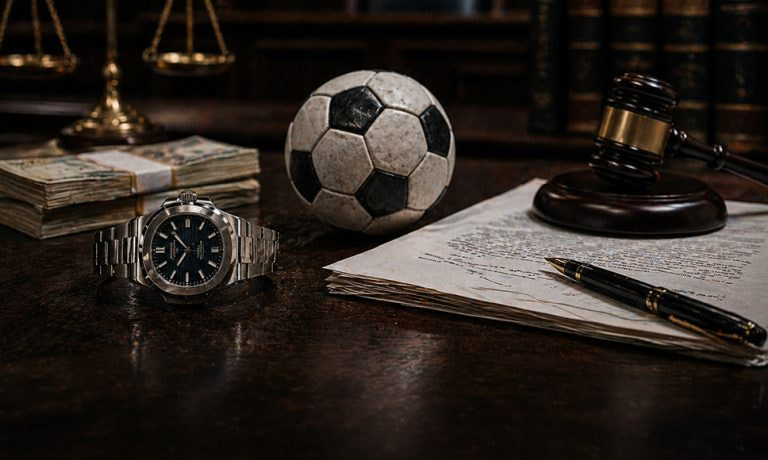 Balón de fútbol sobre una mesa con un mazo de juez, documentos y un reloj