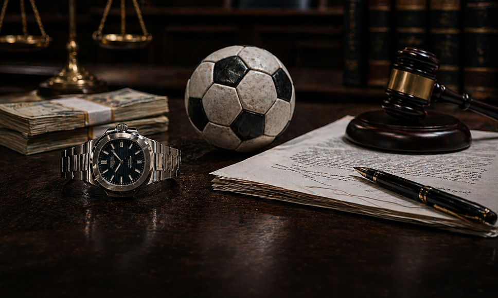 Balón de fútbol sobre una mesa con un mazo de juez, documentos y un reloj