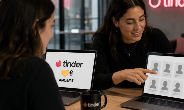 Dos mujeres revisan perfiles en Tinder durante una conversación sobre seguridad y citas online.