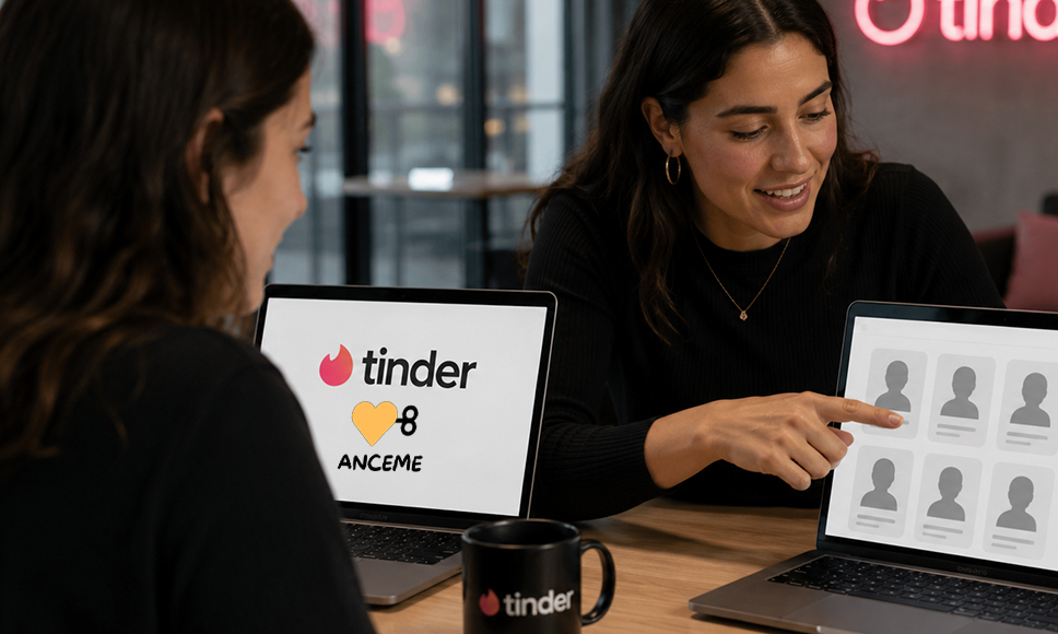 Dos mujeres revisan perfiles en Tinder durante una conversación sobre seguridad y citas online.