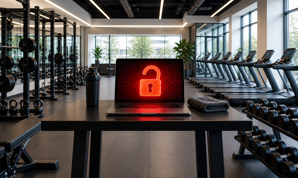 Un portátil con un candado rojo sobre una mesa en un gimnasio moderno