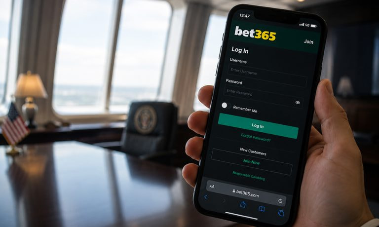 Pantalla de inicio de sesión de bet365 abierta en un móvil dentro de un despacho oficial.