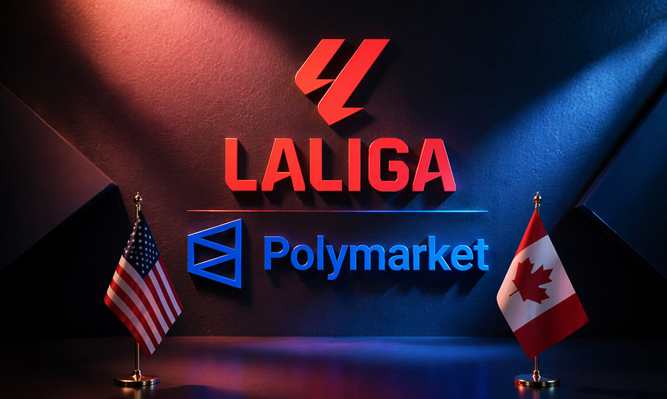 Logotipos de LaLiga y Polymarket con banderas de Estados Unidos y Canadá