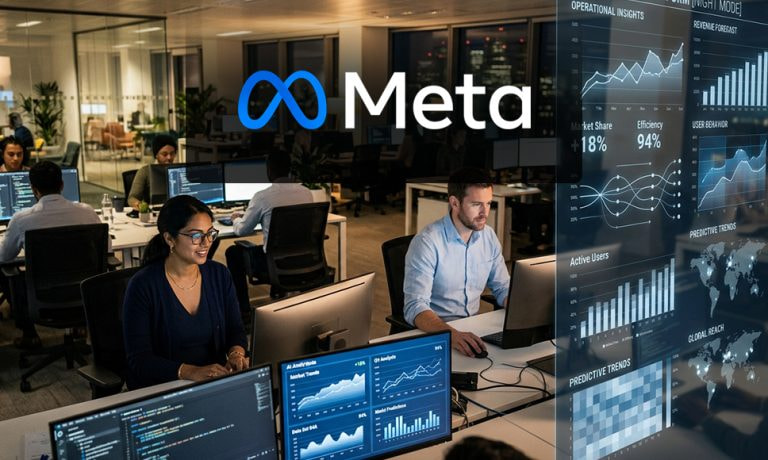 Oficina de Meta con empleados trabajando en sistemas de inteligencia artificial y análisis.