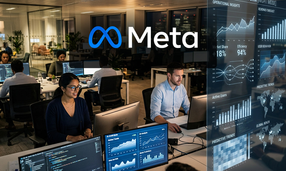Oficina de Meta con empleados trabajando en sistemas de inteligencia artificial y análisis.