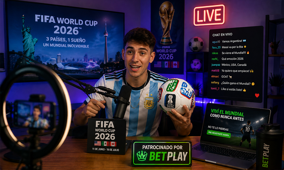 Creador de contenido argentino promocionando el Mundial 2026 con patrocinio de una casa de apuestas.