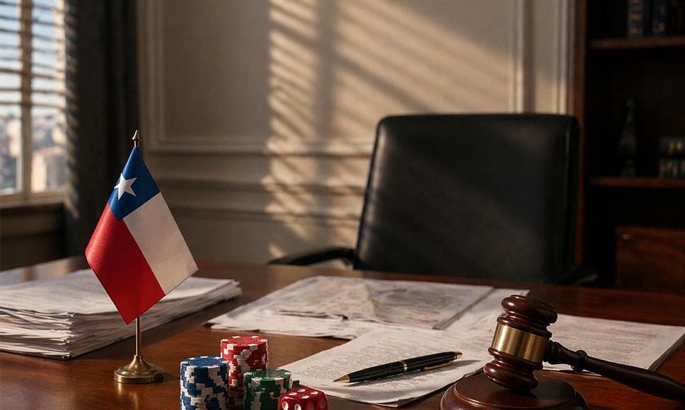 Una mesa de despacho con la bandera de Chile, fichas de casino y un mazo de juez