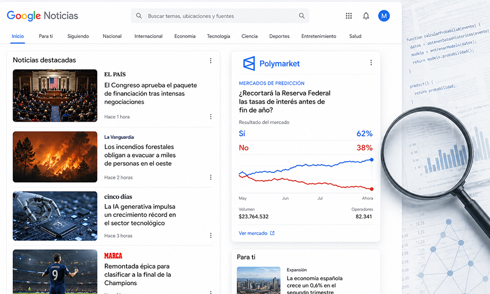 Una pantalla de Google Noticias con gráficos y una lupa sobre datos financieros