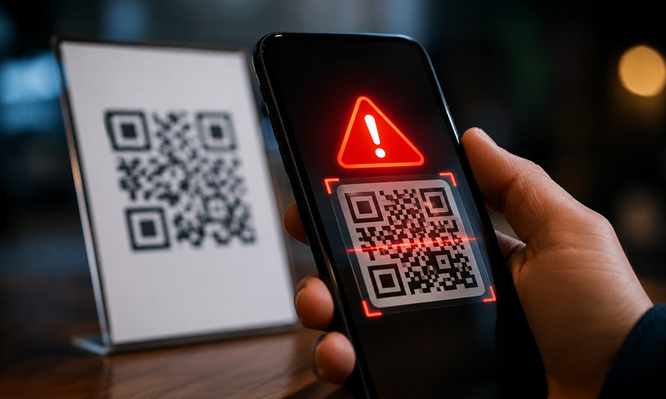 Escaneo de código QR sospechoso con alerta de seguridad en una pantalla móvil.