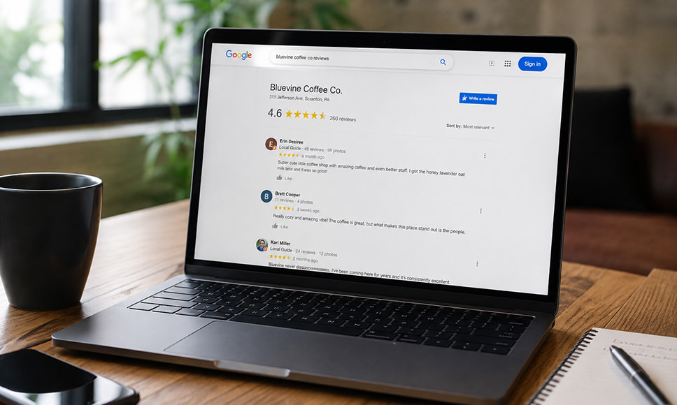 Reseñas de Google abiertas en un portátil sobre una mesa de trabajo.