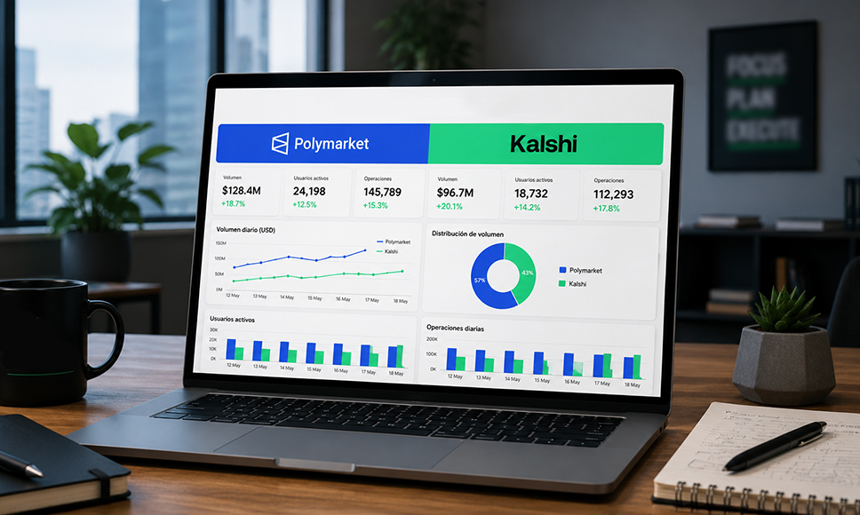 Panel comparativo de Polymarket y Kalshi con métricas de actividad y volumen de mercado.