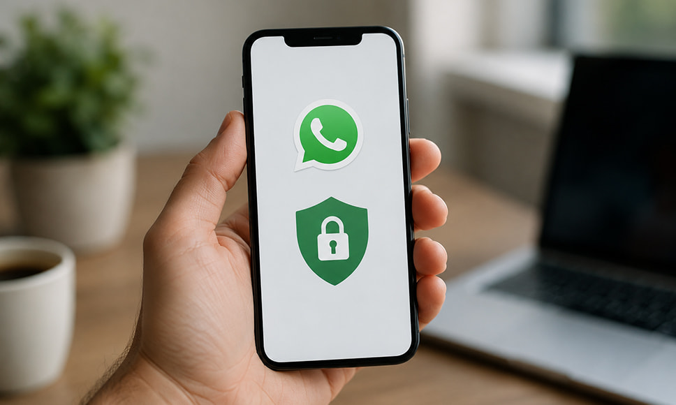 Persona sosteniendo un móvil con el logo de WhatsApp y un icono de seguridad en la pantalla.