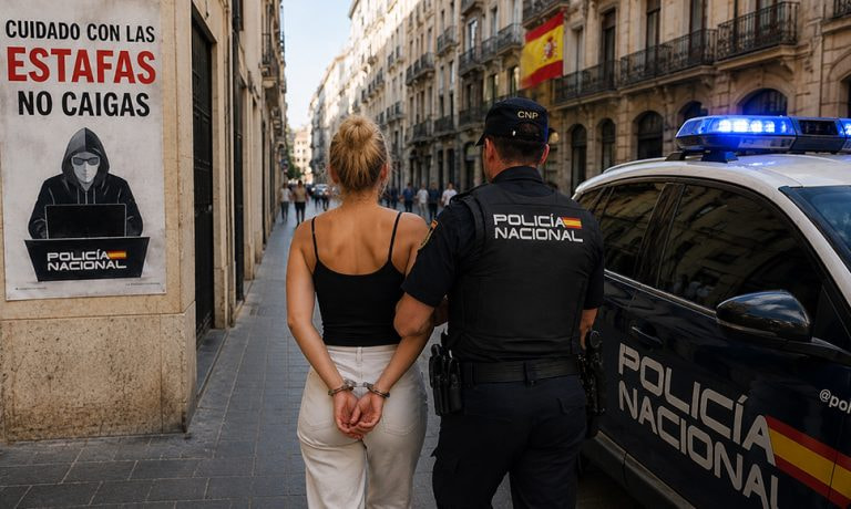 Agente de la Policía Nacional escoltando a una mujer detenida junto a un cartel contra estafas.