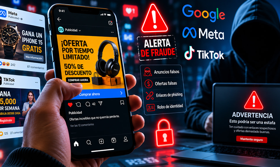 Anuncios sospechosos en redes sociales junto a alertas de fraude online