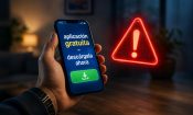 Teléfono móvil mostrando una aplicación gratuita junto a una alerta de ciberseguridad.