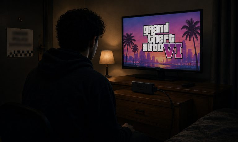 Un joven de espaldas, mirando la pantalla de un videojuego a oscuras.