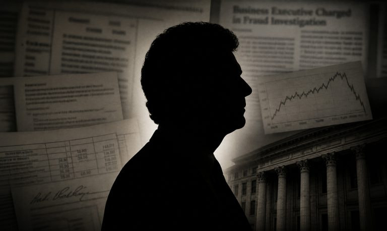 La sombra de un hombre de perfil en blanco y negro con artículos de periódico de fondo.