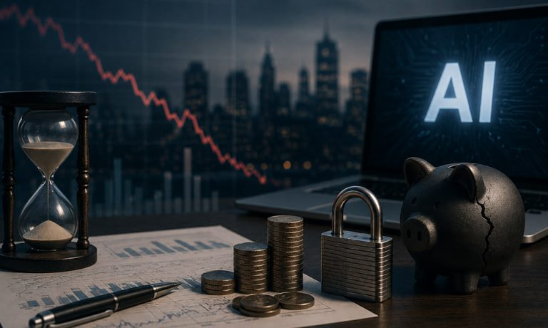Gráfico financiero en descenso junto a una pantalla con IA, una hucha agrietada y un candado.