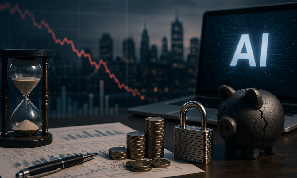 Gráfico financiero en descenso junto a una pantalla con IA, una hucha agrietada y un candado.