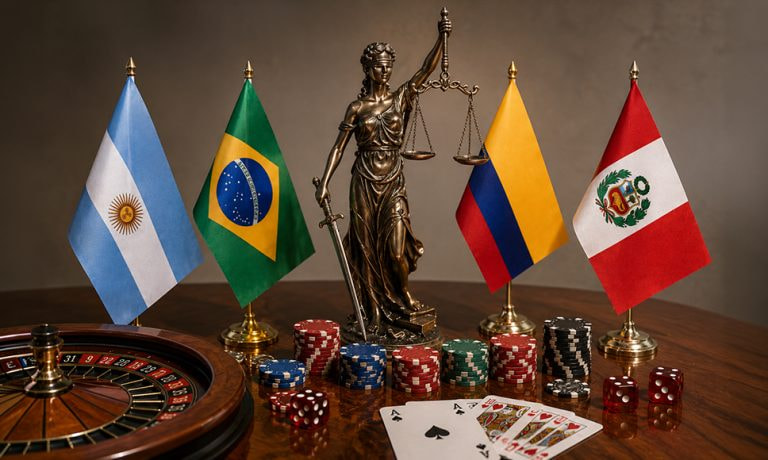 Las banderas de Argentina, Brasil, Colombia y Perú sobre una mesa con fichas de casino, cartas de blackjack y una ruleta.
