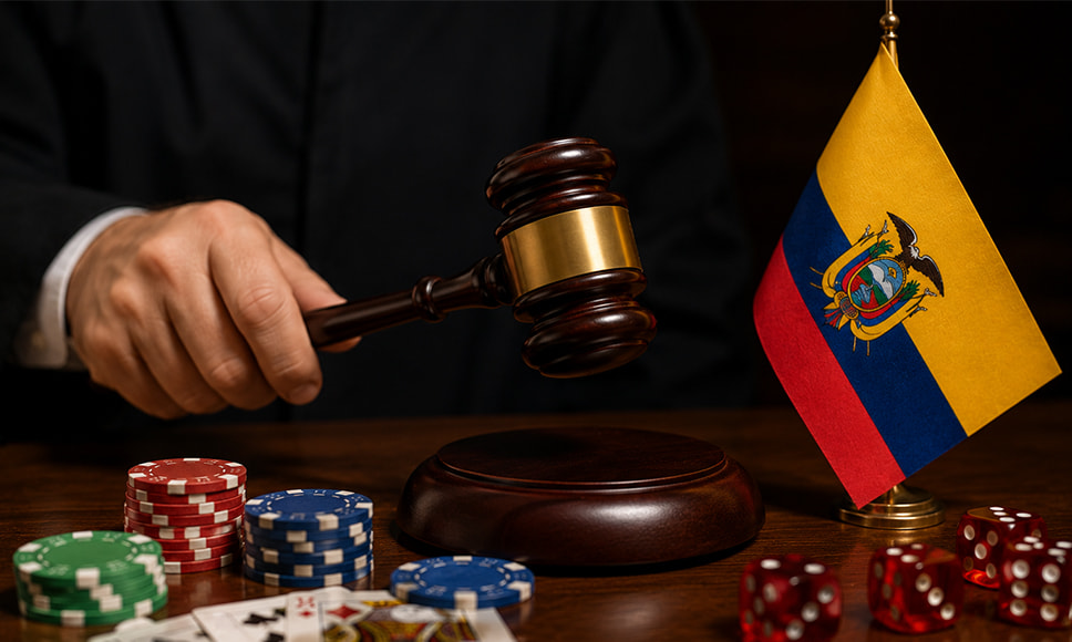 Un mazo golpeando sobre una mesa con la bandera de Ecuador y fichas de casino.