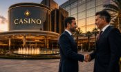 Representantes estrechando manos frente a un casino de lujo iluminado