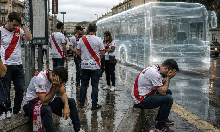 Aficionados del Rayo Vallecano esperando un autobús inexistente bajo la lluvia