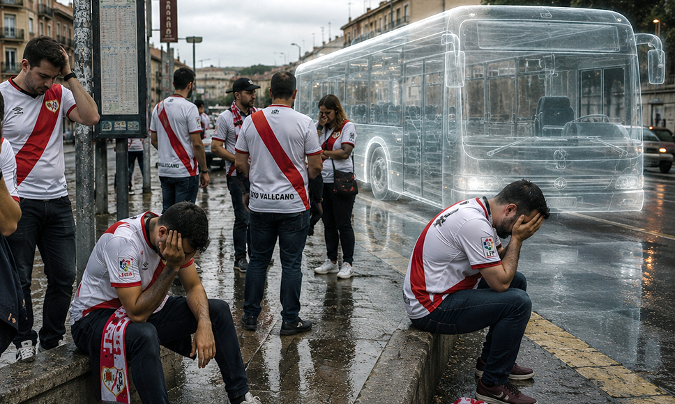 Aficionados del Rayo Vallecano esperando un autobús inexistente bajo la lluvia