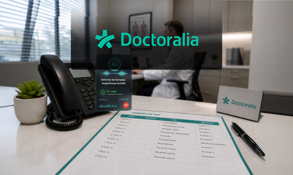 Teléfono de una consulta médica con una alerta de llamada sospechosa y un médico al fondo en su despacho