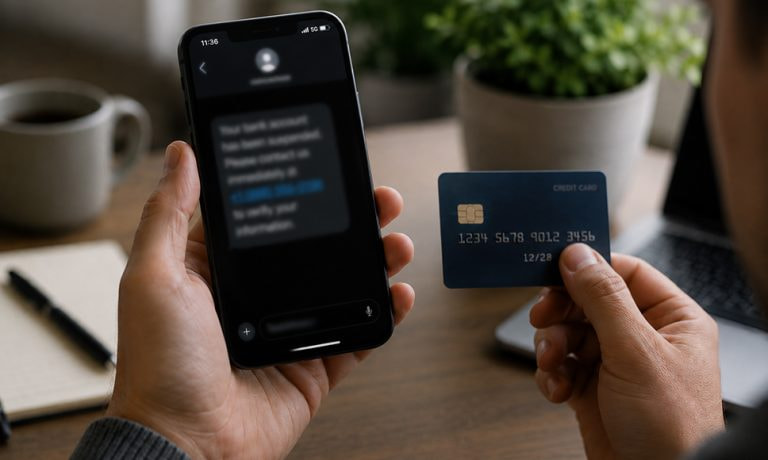 El contenido de un sms borrado y una mano sosteniendo una tarjeta de crédito.